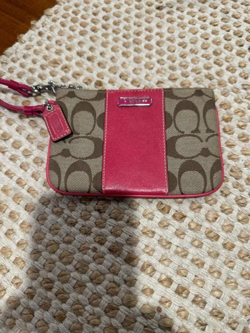 Coach Khaki Signature Wristlet Pink Leather Trim NWOT
